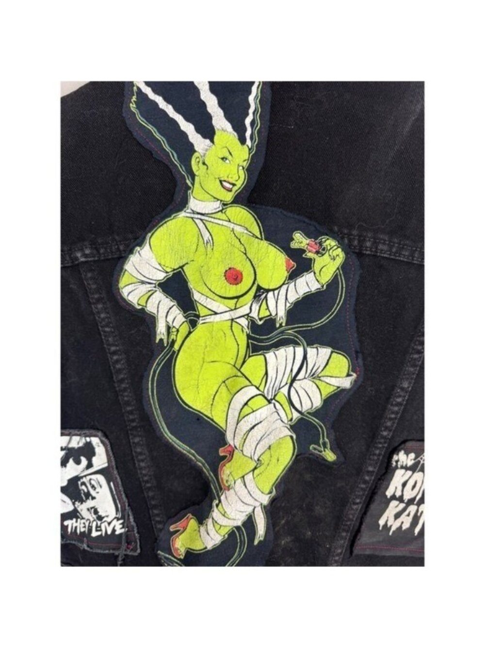 Koffin Kats Jeans Denim Vest Horror Punk Bride of Frankenstein Patches Women L - Picture 5 of 10